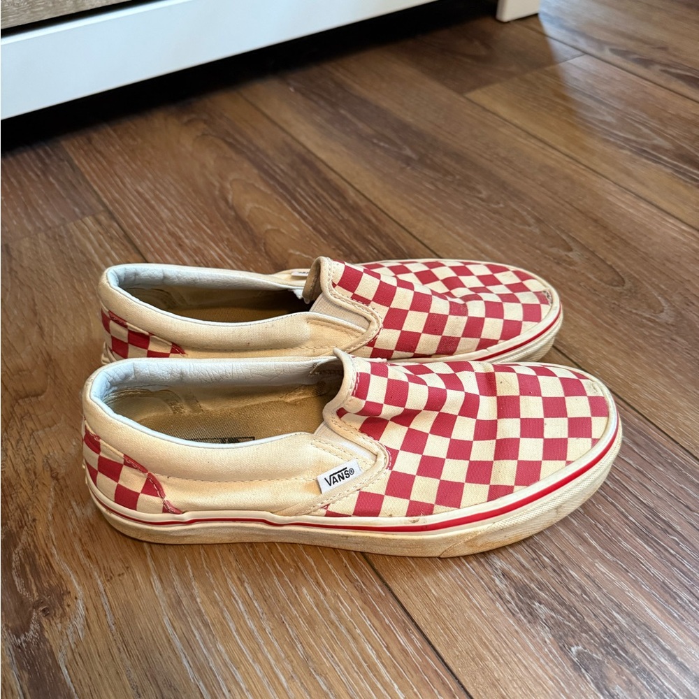 Vans Women’s Red and Cream Checkered Slip-On Sneakers